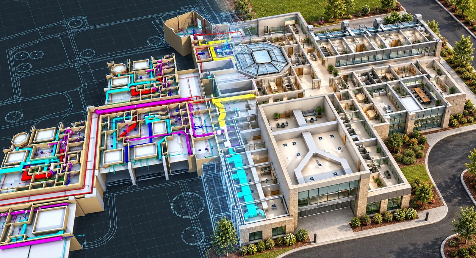 Elektrik ve mekanik tesisat hatlarını gösteren proje çiziminden üç boyutlu bina modeline geçiş